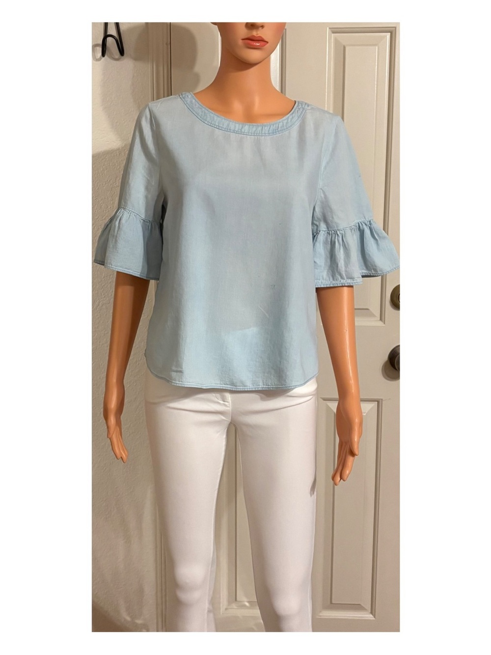 Susina Light Blue Ruffle Elbow Sleeve Blouse
